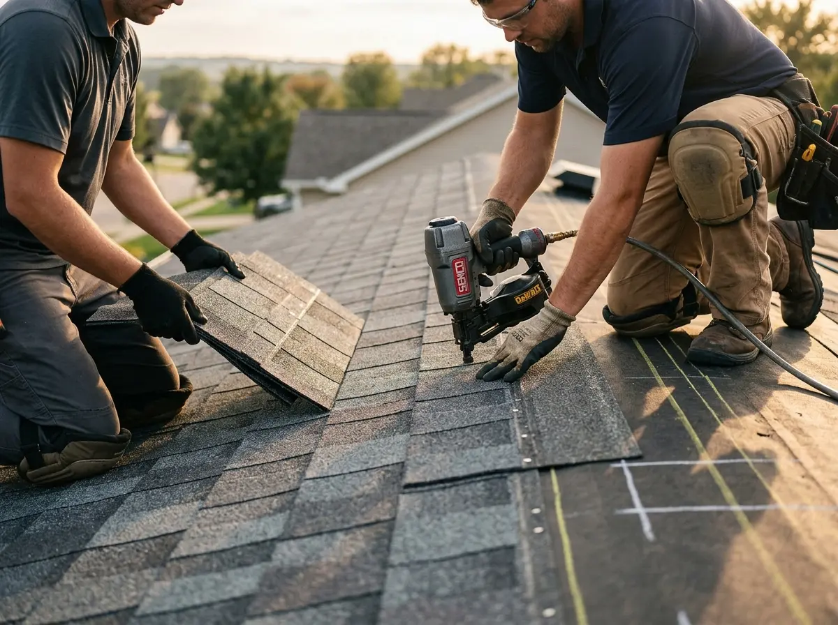 Professional roofer working on a residential roof in Glen Rock